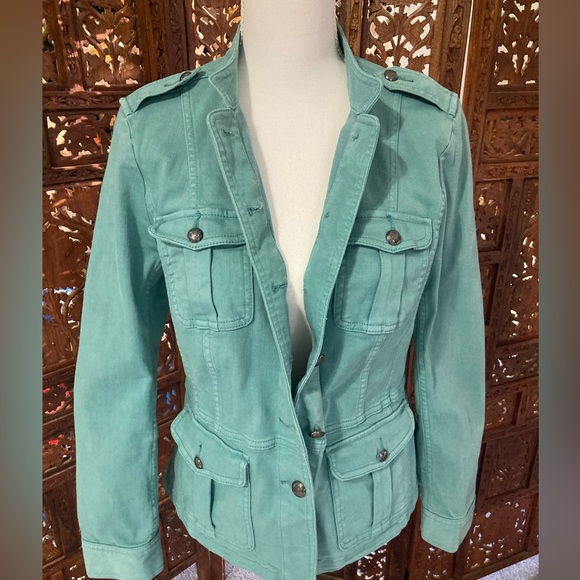 SOLD…Talbots Jacket Jean Jacket Teal Denim Military-Inspired Style, Size Small - Picture 15 of 16